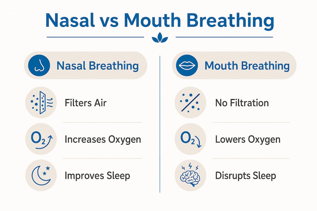 Infographic comparing nasal breathing and mouth breathing effects