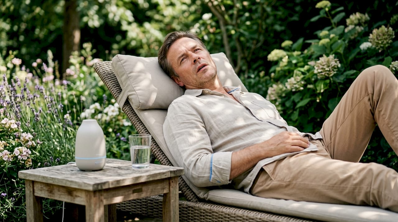 Man resting with dry mouth and tired expression in bed