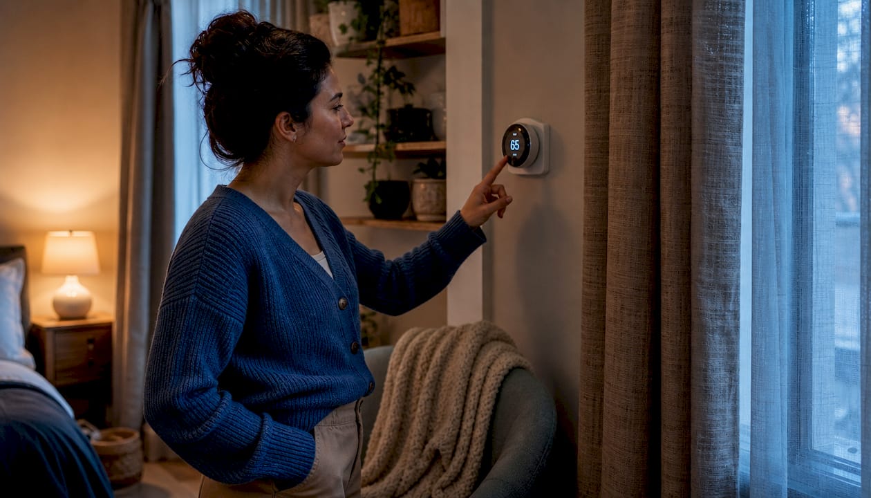 Woman adjusting bedroom thermostat for sleep