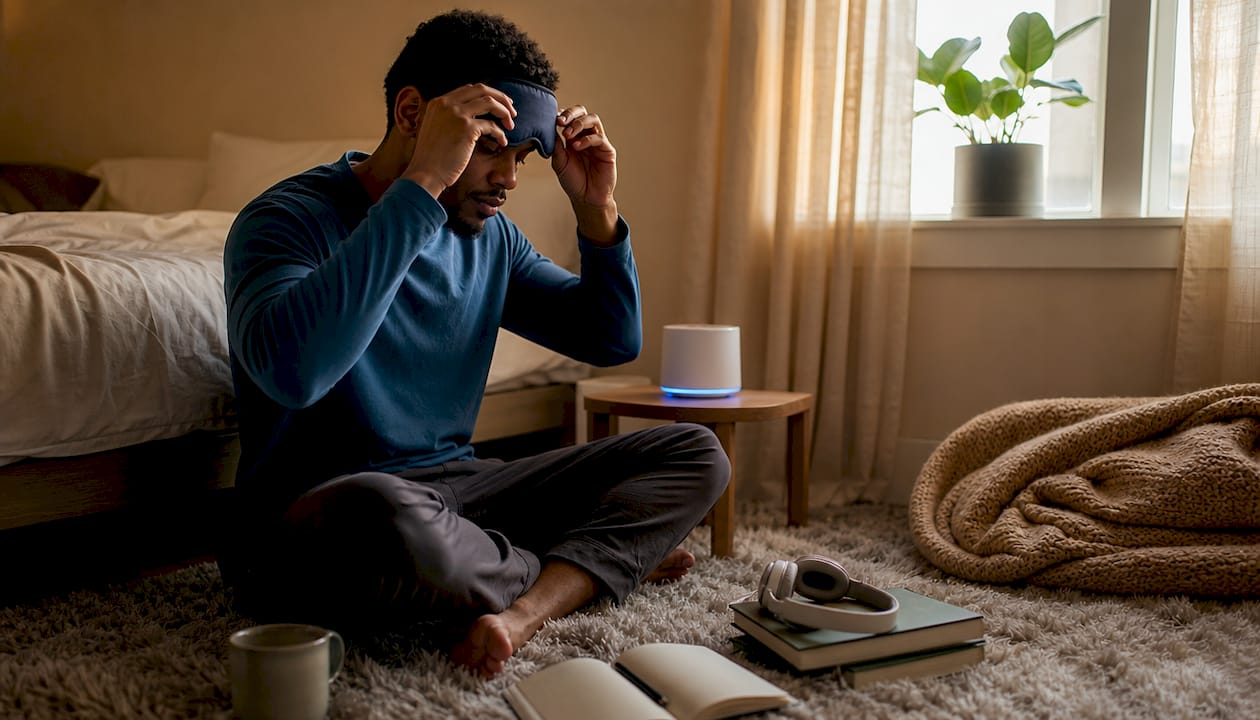 Hands selecting insomnia relaxation device on desk