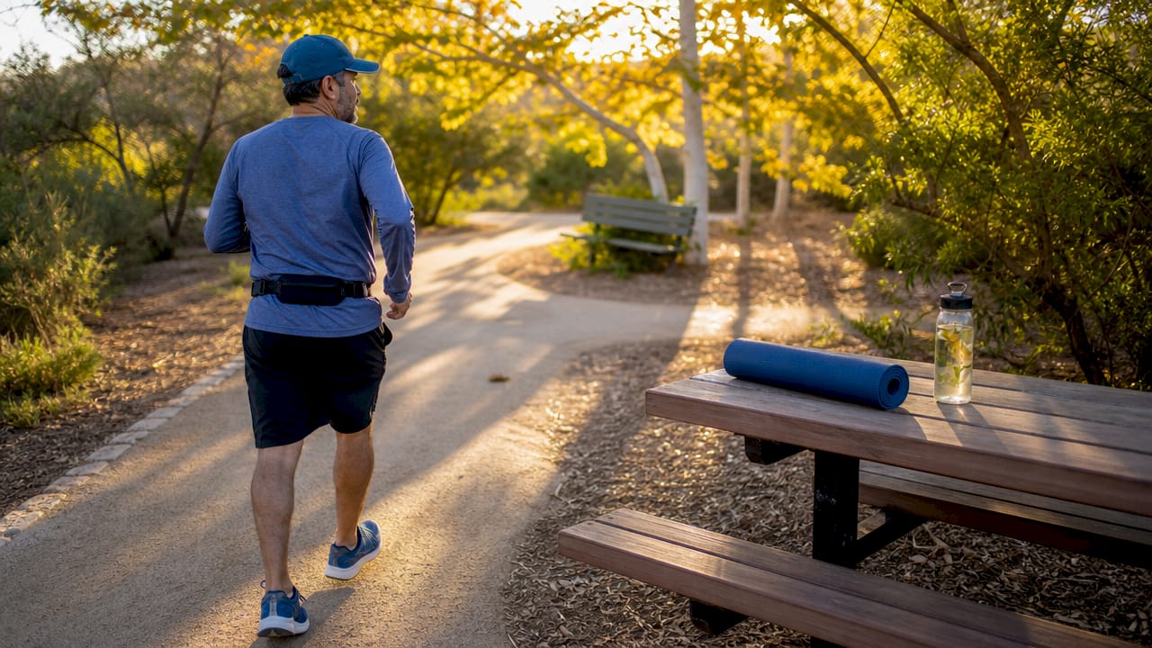 Man doing active recovery walk in park