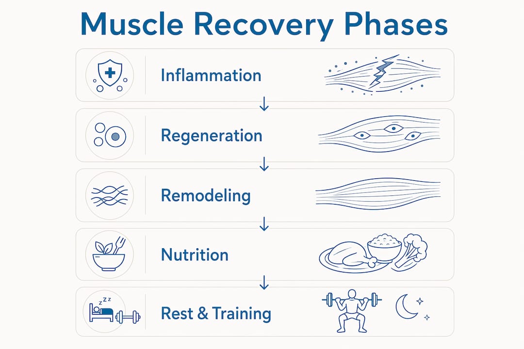 Infographic illustrating five phases of muscle recovery