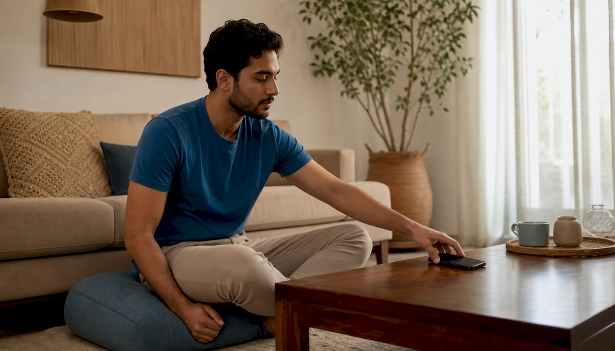 Smartphone placed face-down on mattress for sleep tracking