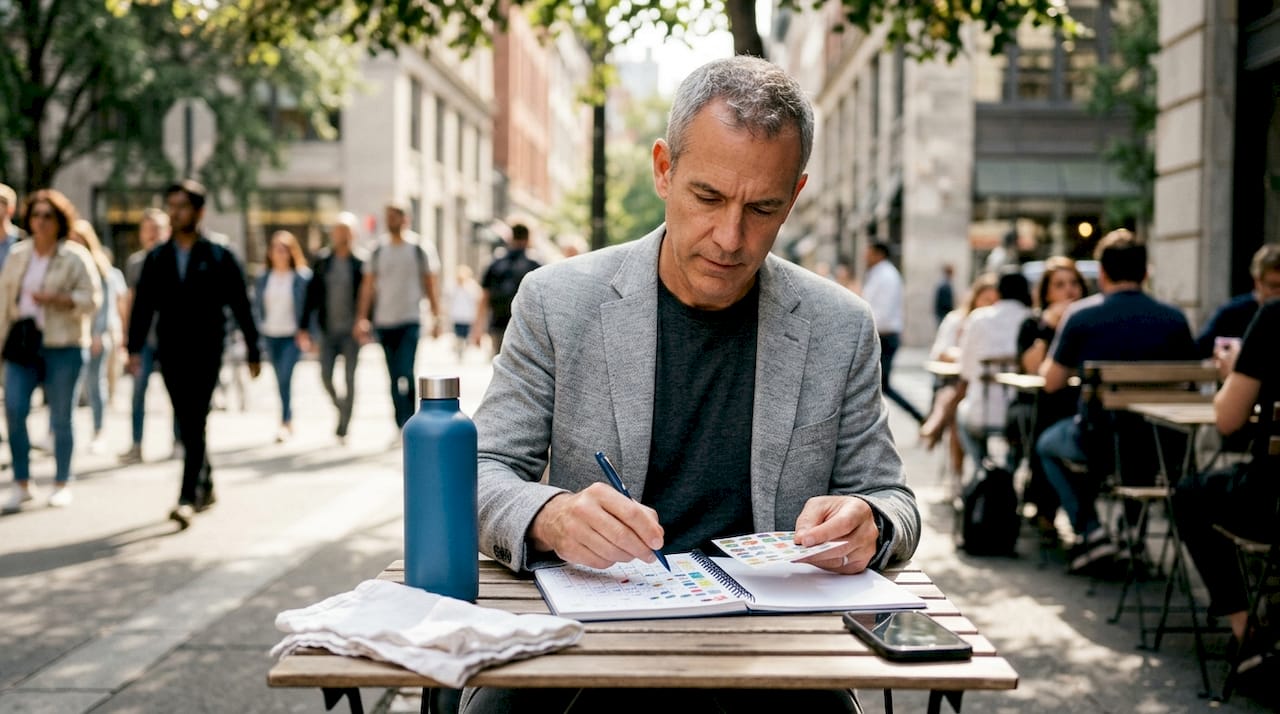 Man marking habit tracker in coworking café