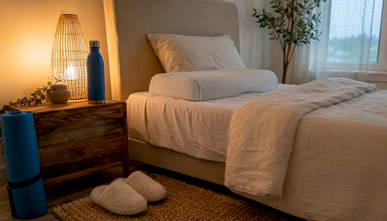 Bedroom with memory foam pillow for side sleeping