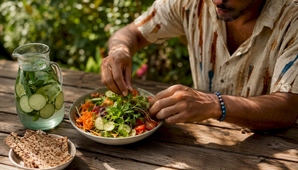 Hands preparing healthy breakfast for stress relief