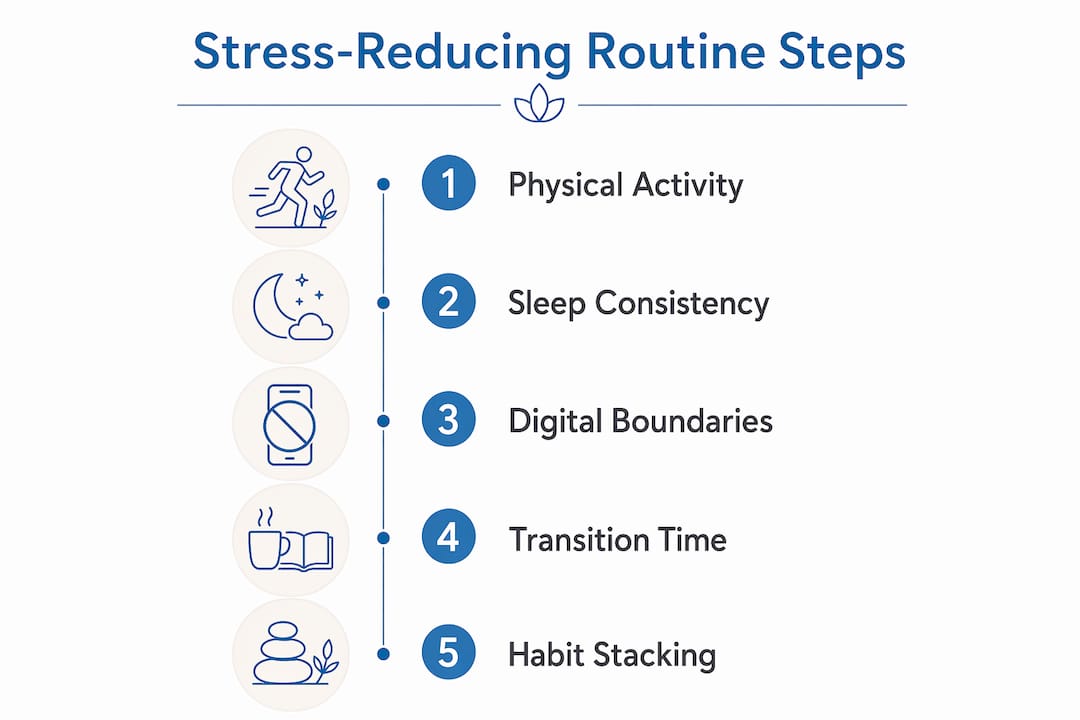 Infographic showing steps for building stress-reducing routines