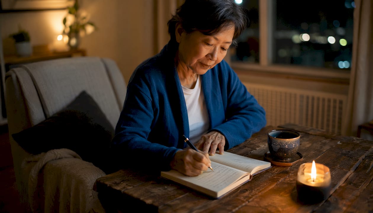 Hands writing in sleep diary by morning light
