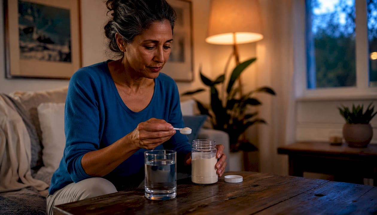 Woman preparing oral GABA supplement dose at kitchen table