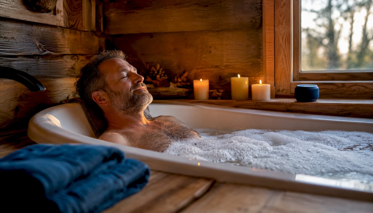 Man relaxing in warm bath before sleep