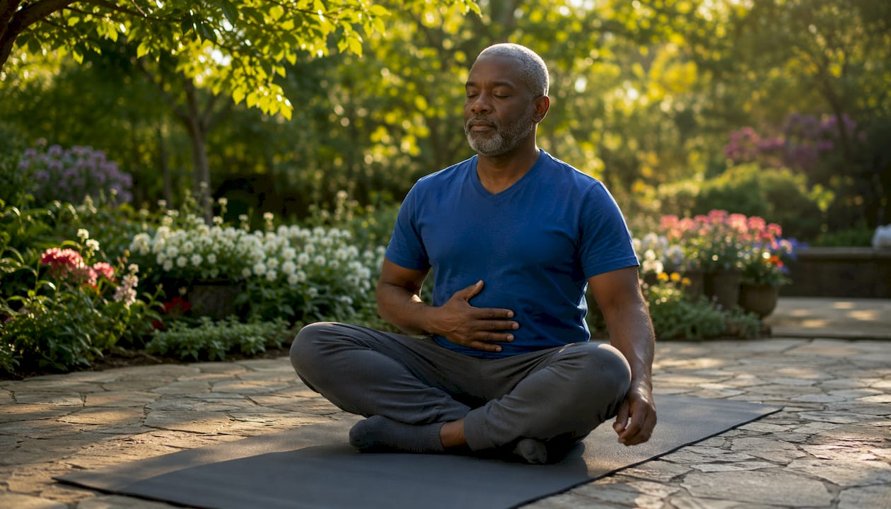 Man practicing diaphragmatic breathing