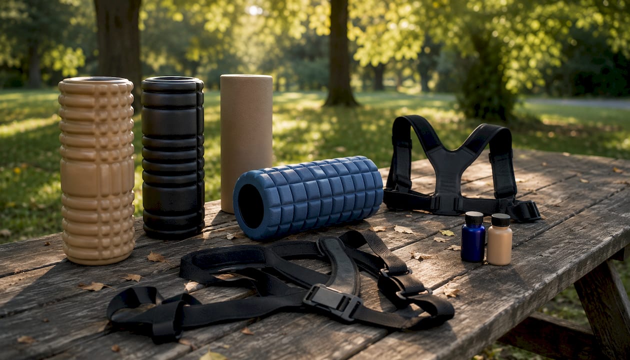 Top-down view of wellness product assortment on table