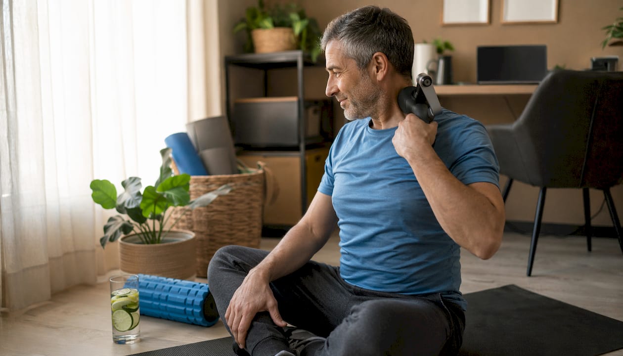 Man using neck massager on floor