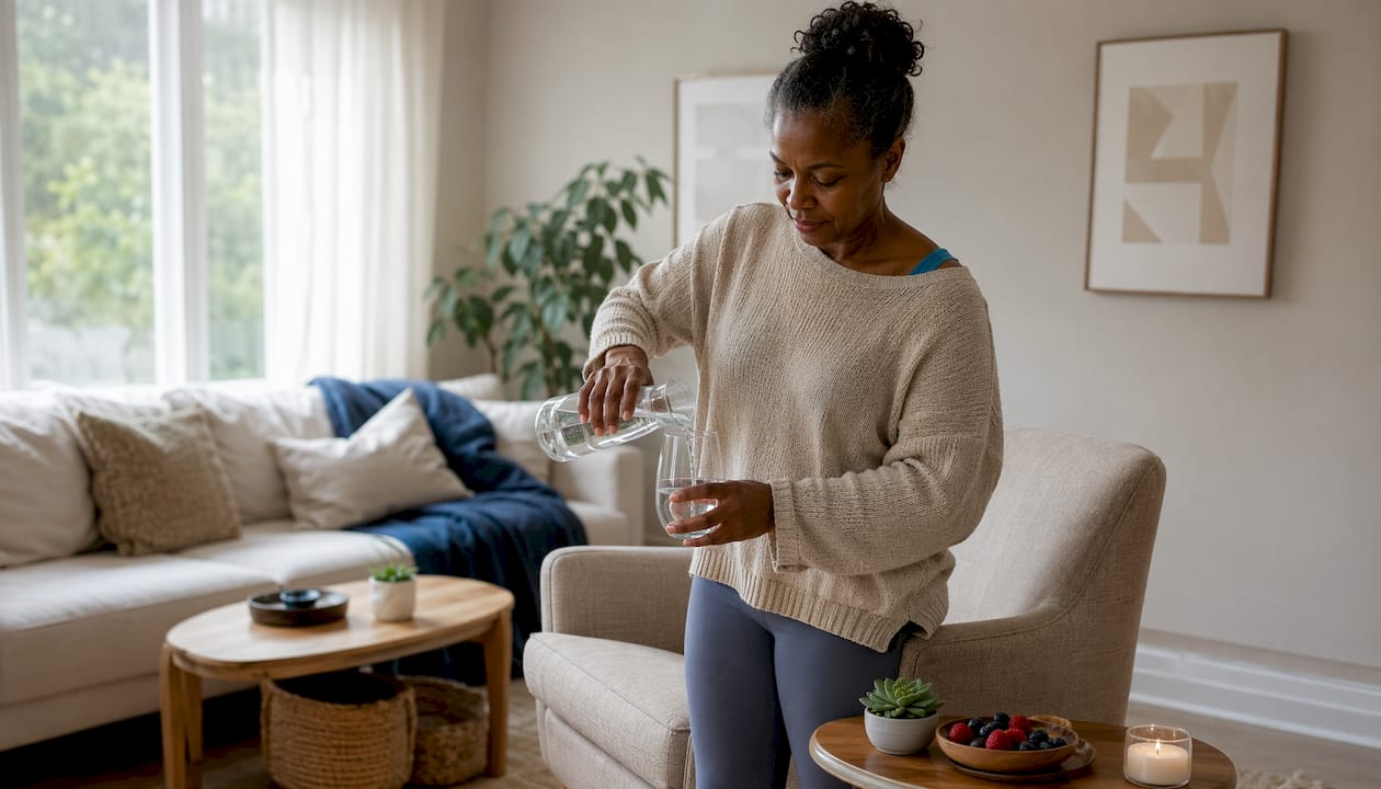Woman hydrating in kitchen for jaw health daily habit
