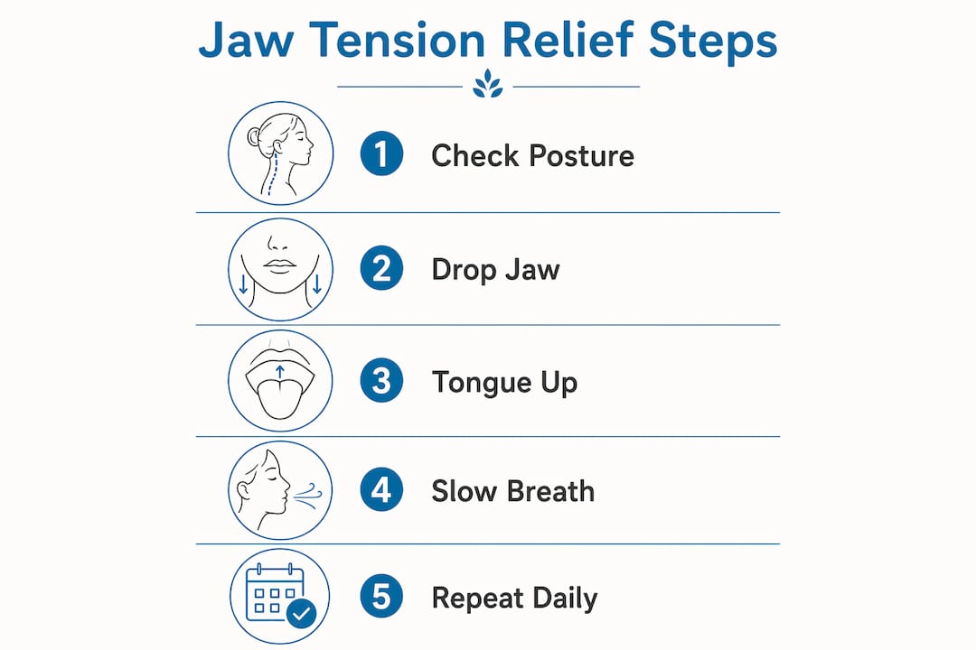 Infographic with step-by-step jaw tension relief routine