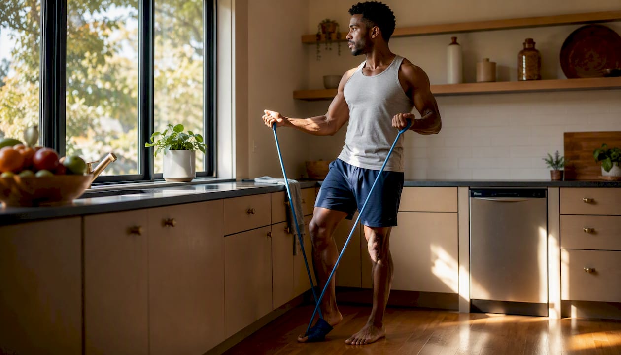 Man exercising with resistance band at home