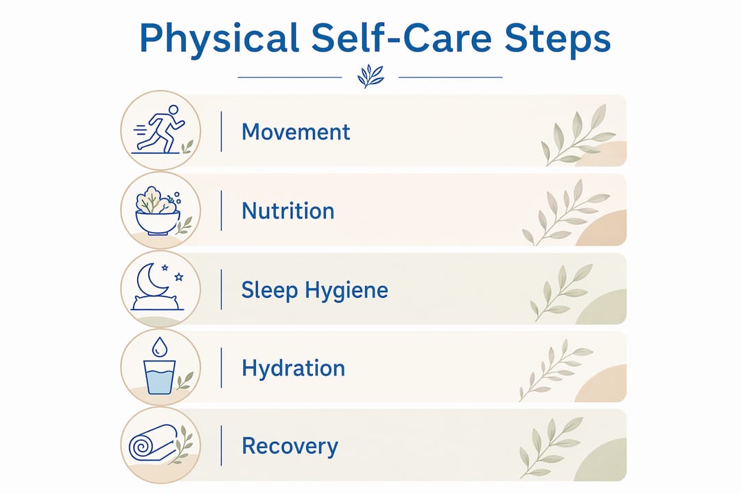Infographic outlining physical self-care steps