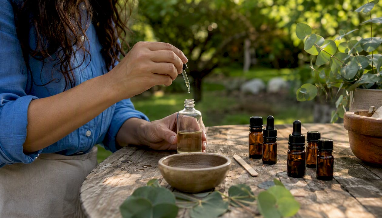 Hands mixing essential oils for blending