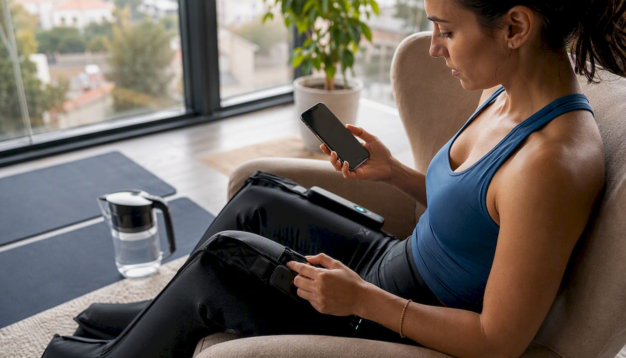 Athlete adjusting wireless compression boots in gym lounge