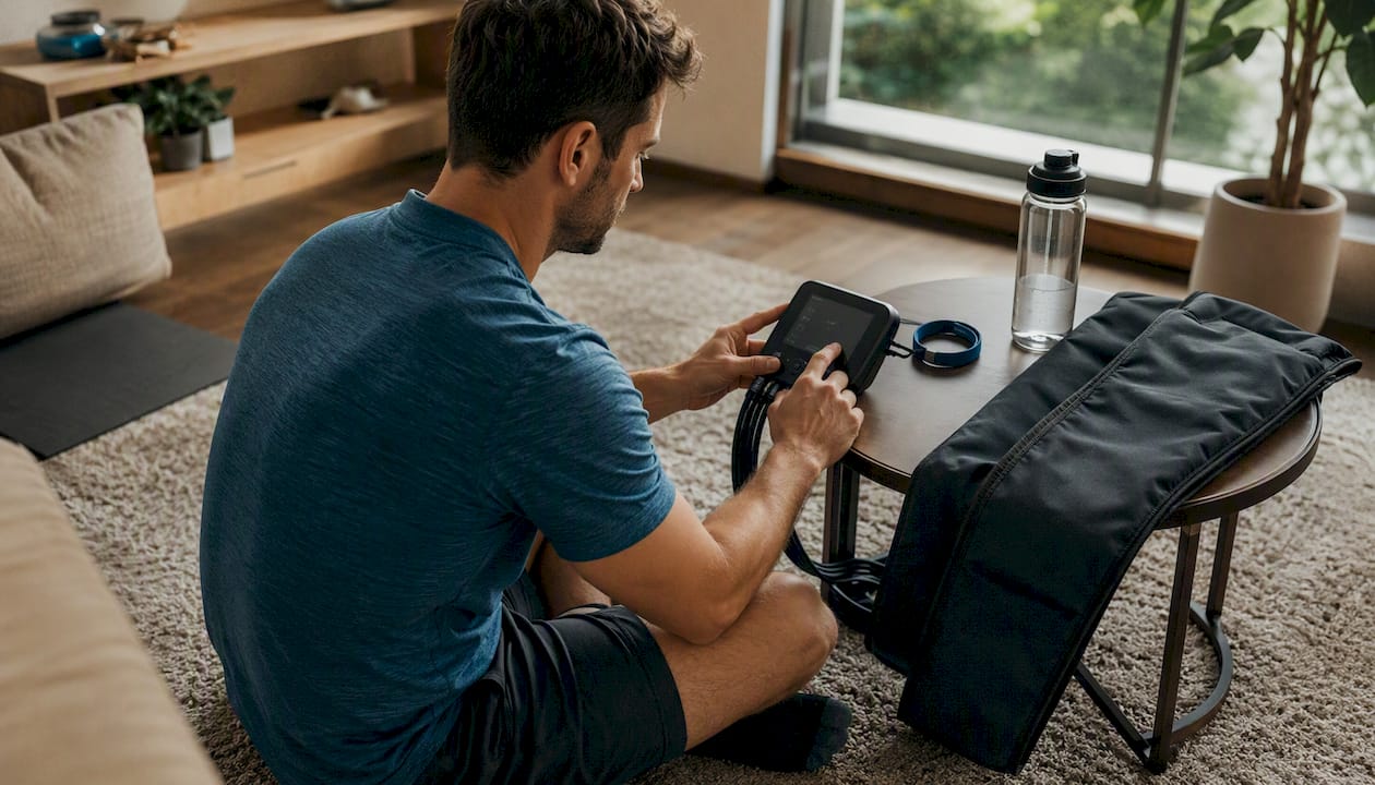 Hands operating remote for compression boots at home office