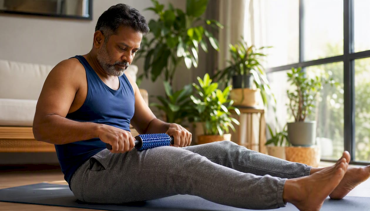 Man using spiky roller stick with proper technique