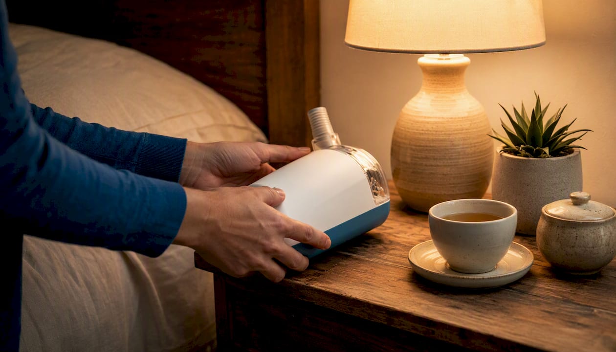 Hands placing respiratory aid on bedside table