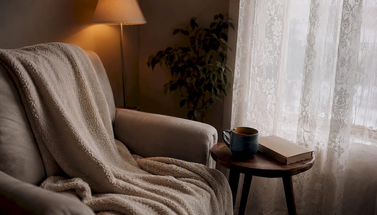 Cozy home recovery corner with tea and chair