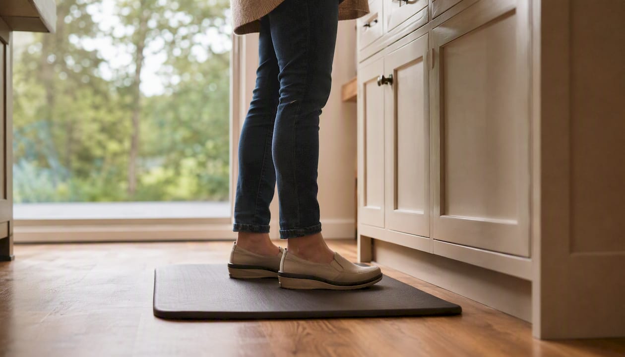 Close-up of supportive shoes on anti-fatigue mat