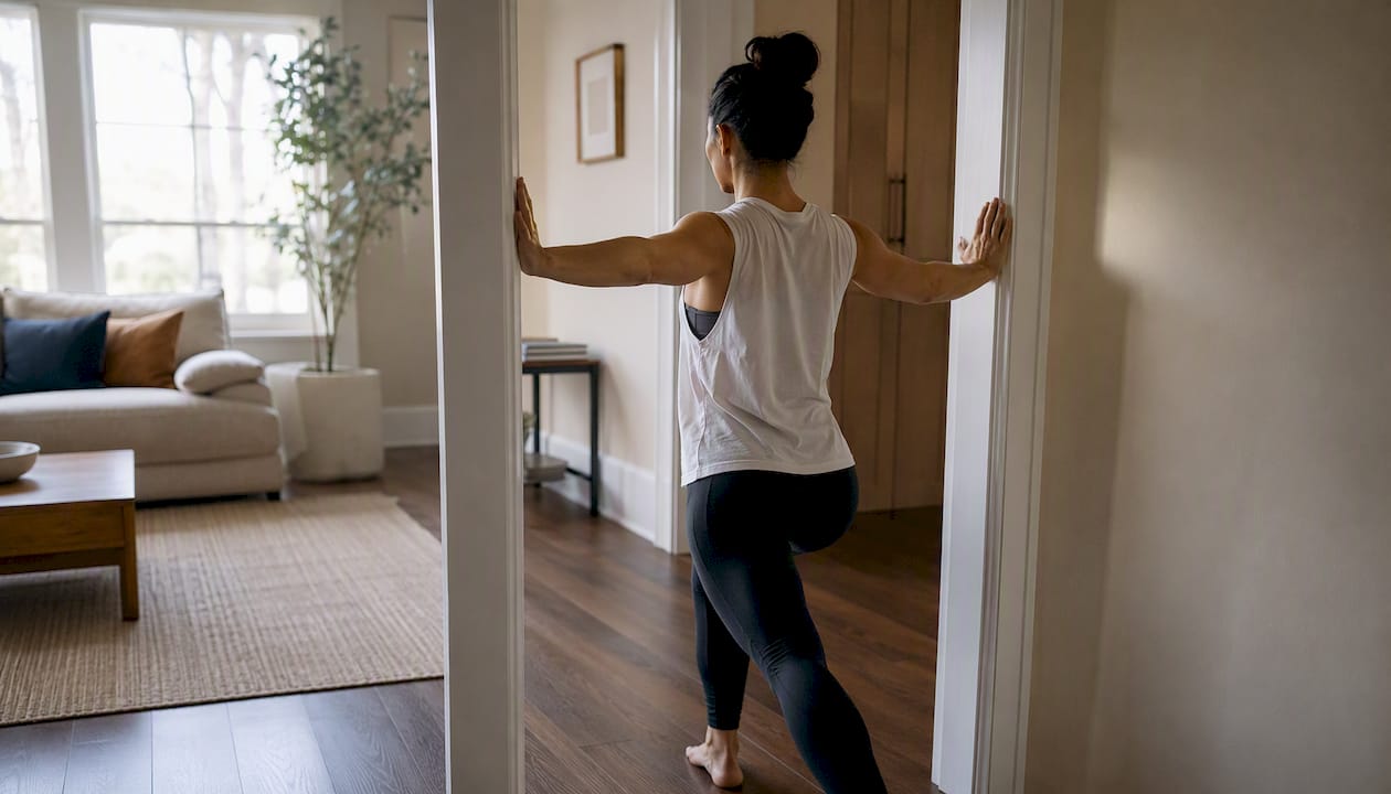 Person stretching chest muscles in doorway