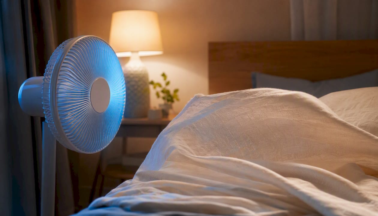 Oscillating fan blowing air over blanket