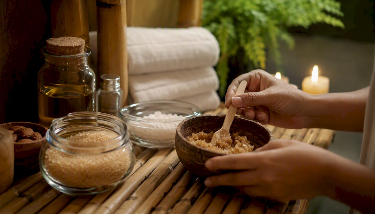 Hand scooping natural body scrub ingredients