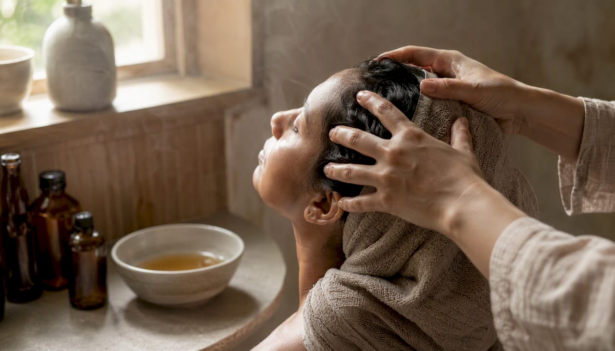 Hands massaging scalp with warm oil and towel wrap
