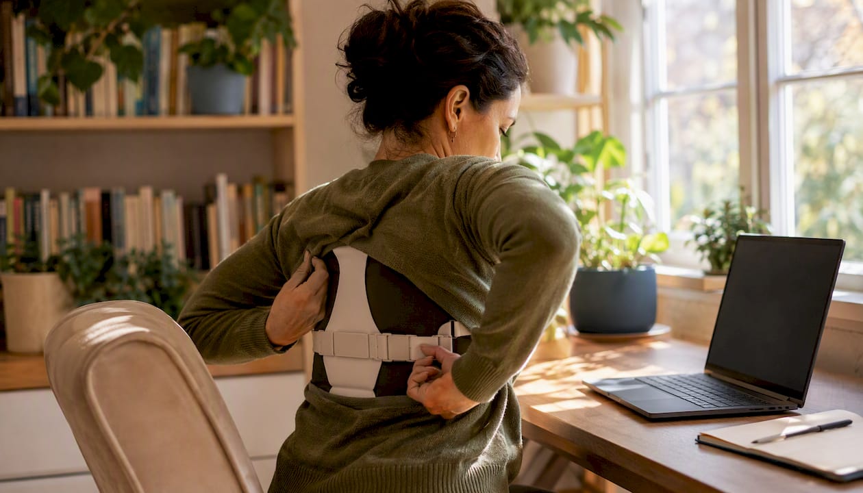 Adjusting posture brace at home desk