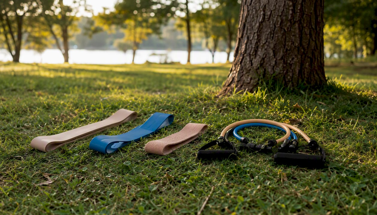 Various resistance bands laid out on floor