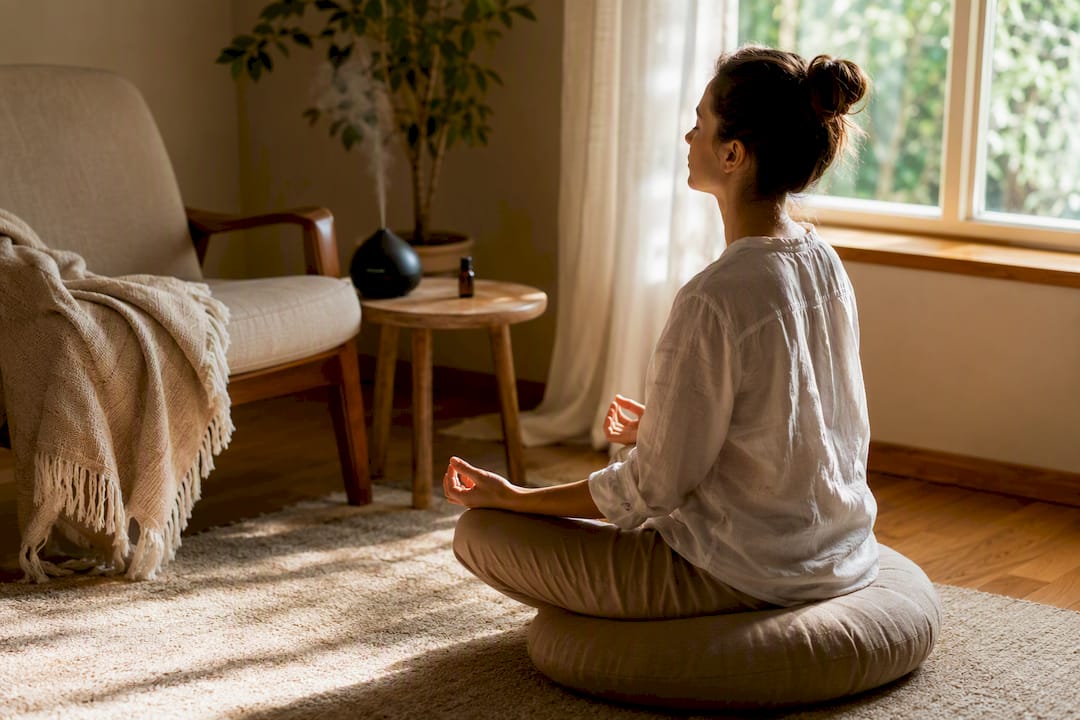 Person meditating with calm breathing at home