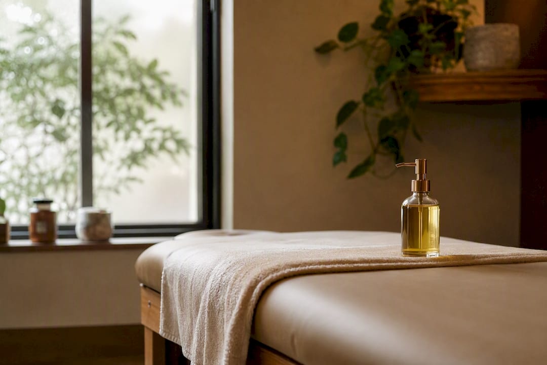Massage table corner with lotion in clinic