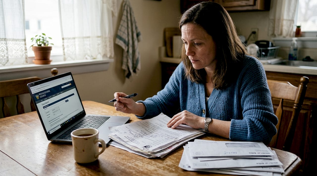 Woman reviewing Pennsylvania accident paperwork at kitchen table