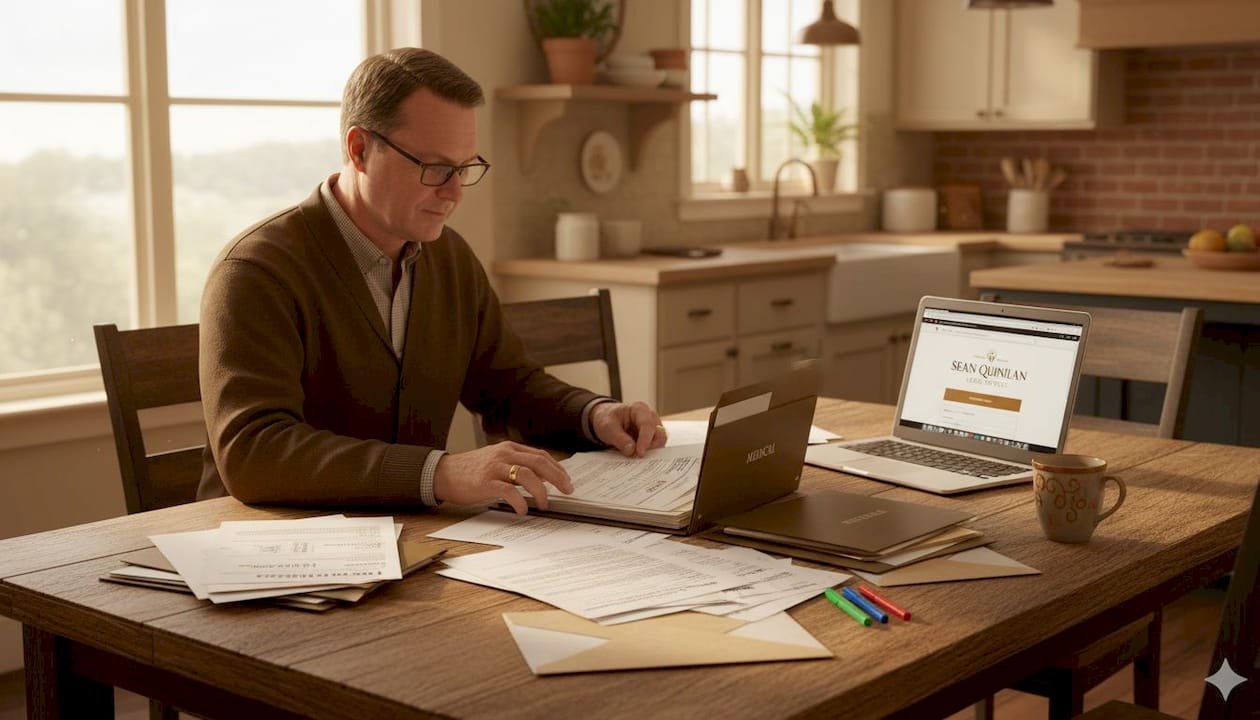 Man organizing accident claim documents at table