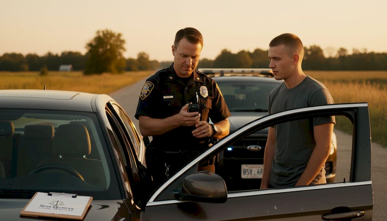 Officer administering roadside breathalyzer test
