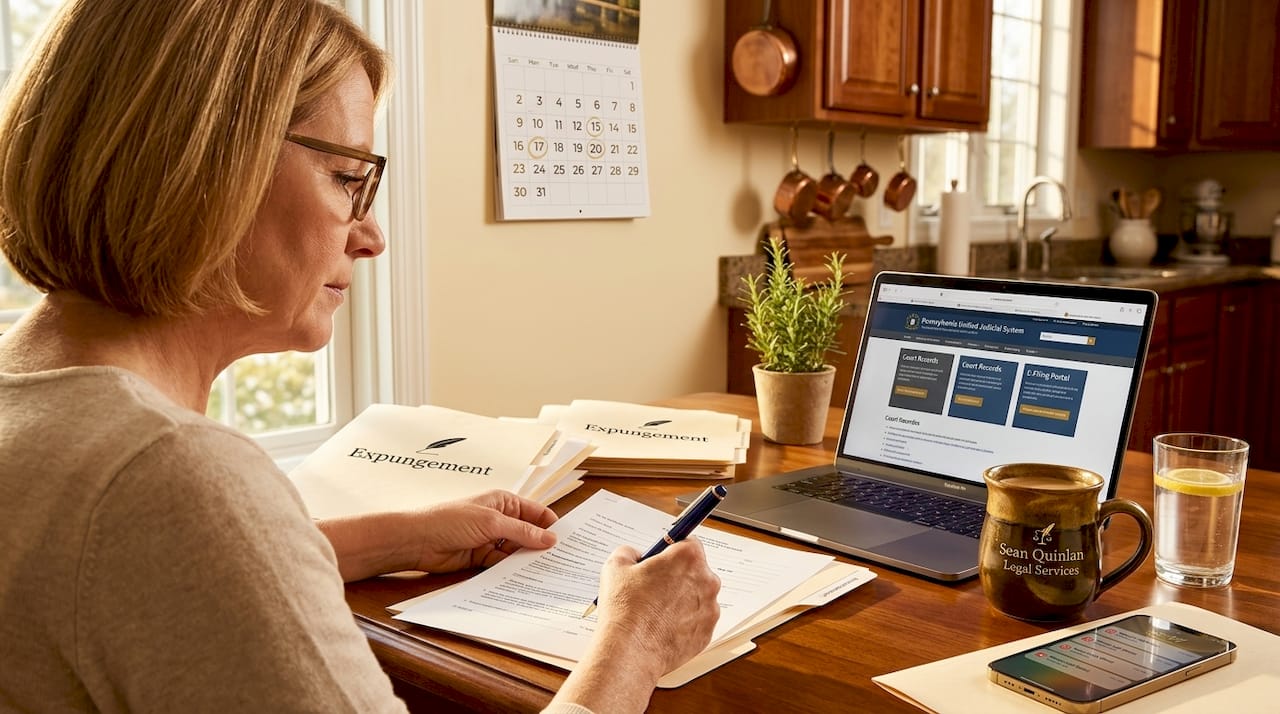 Woman completing expungement papers at kitchen table