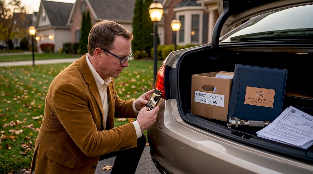Man documenting car accident evidence in driveway