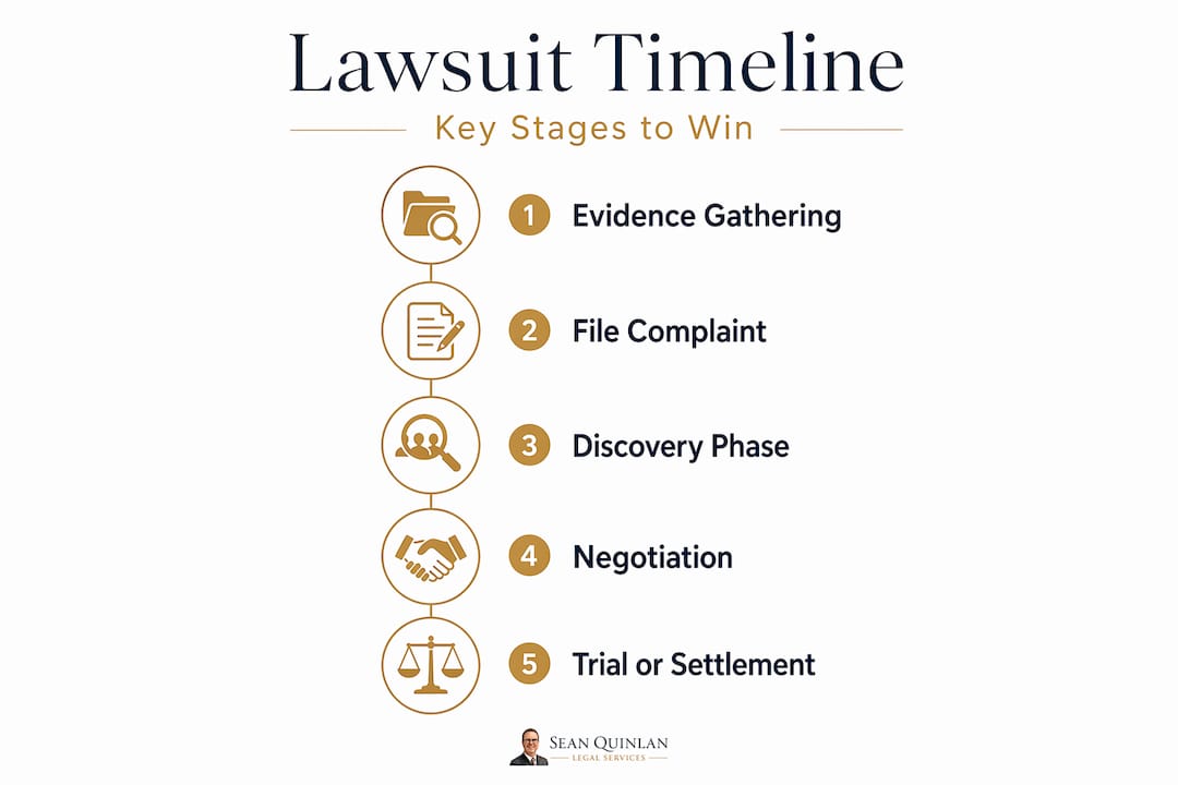 Accident lawsuit flow infographic showing five steps