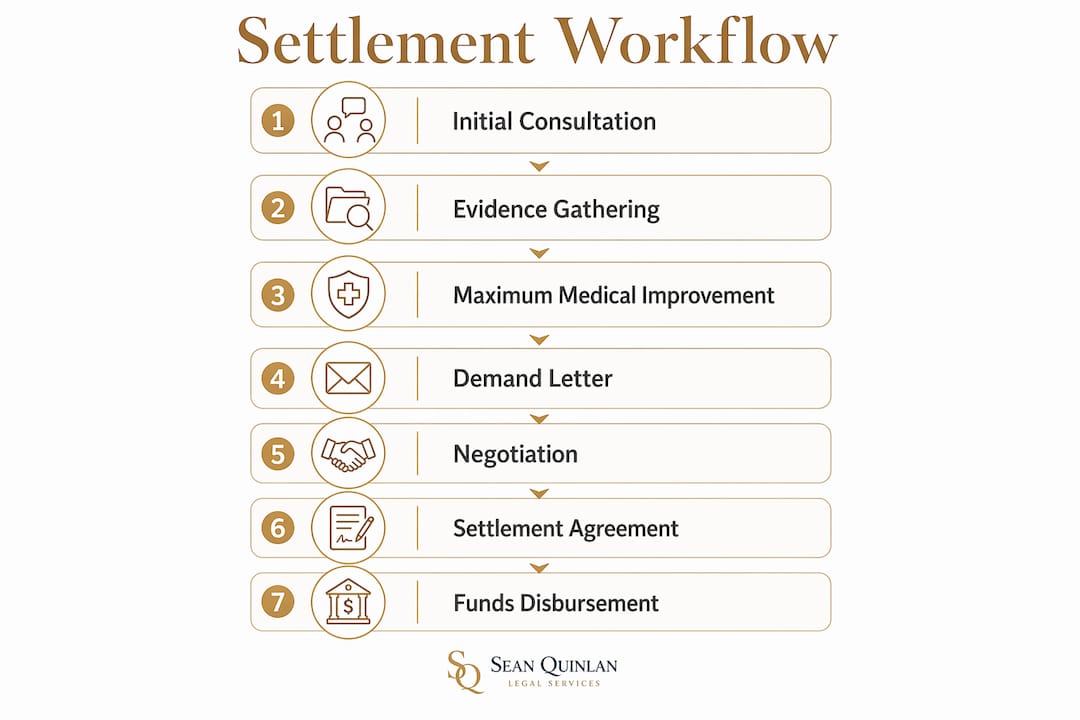 Infographic depicting personal injury settlement workflow steps