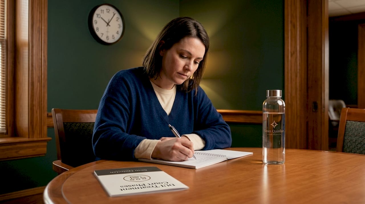 Participant taking notes in DUI Treatment Court session
