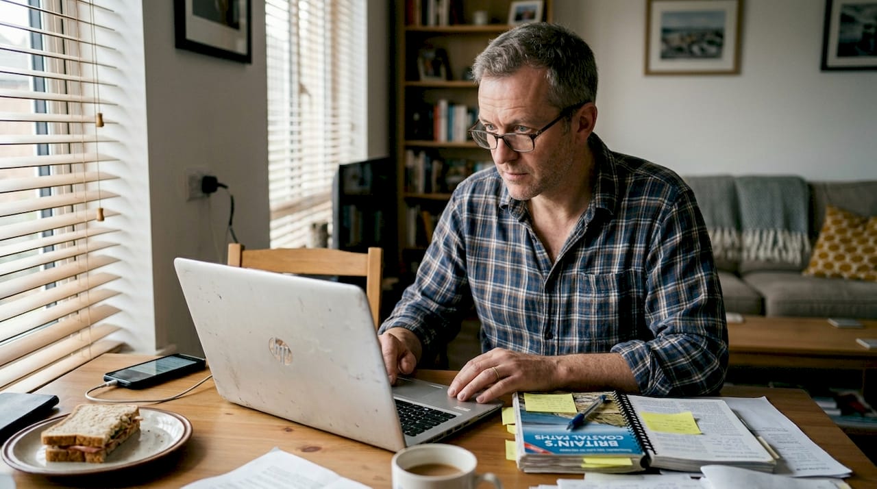 Man prepares advocacy notes at casual table