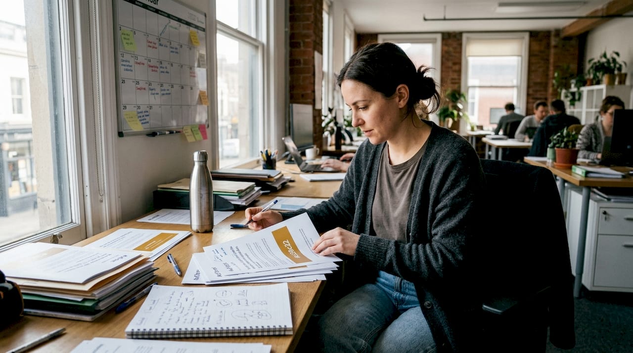 Woman reviews advocacy papers in bright office