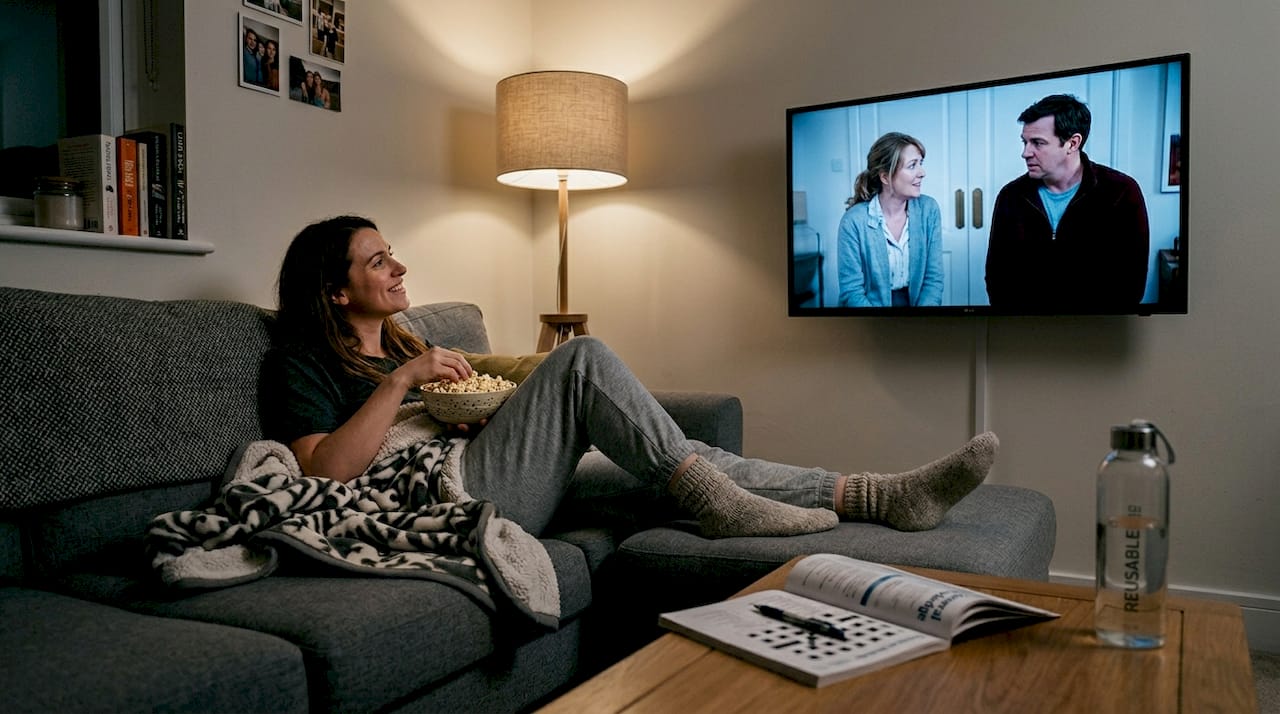 Woman relaxing watching comedy on couch