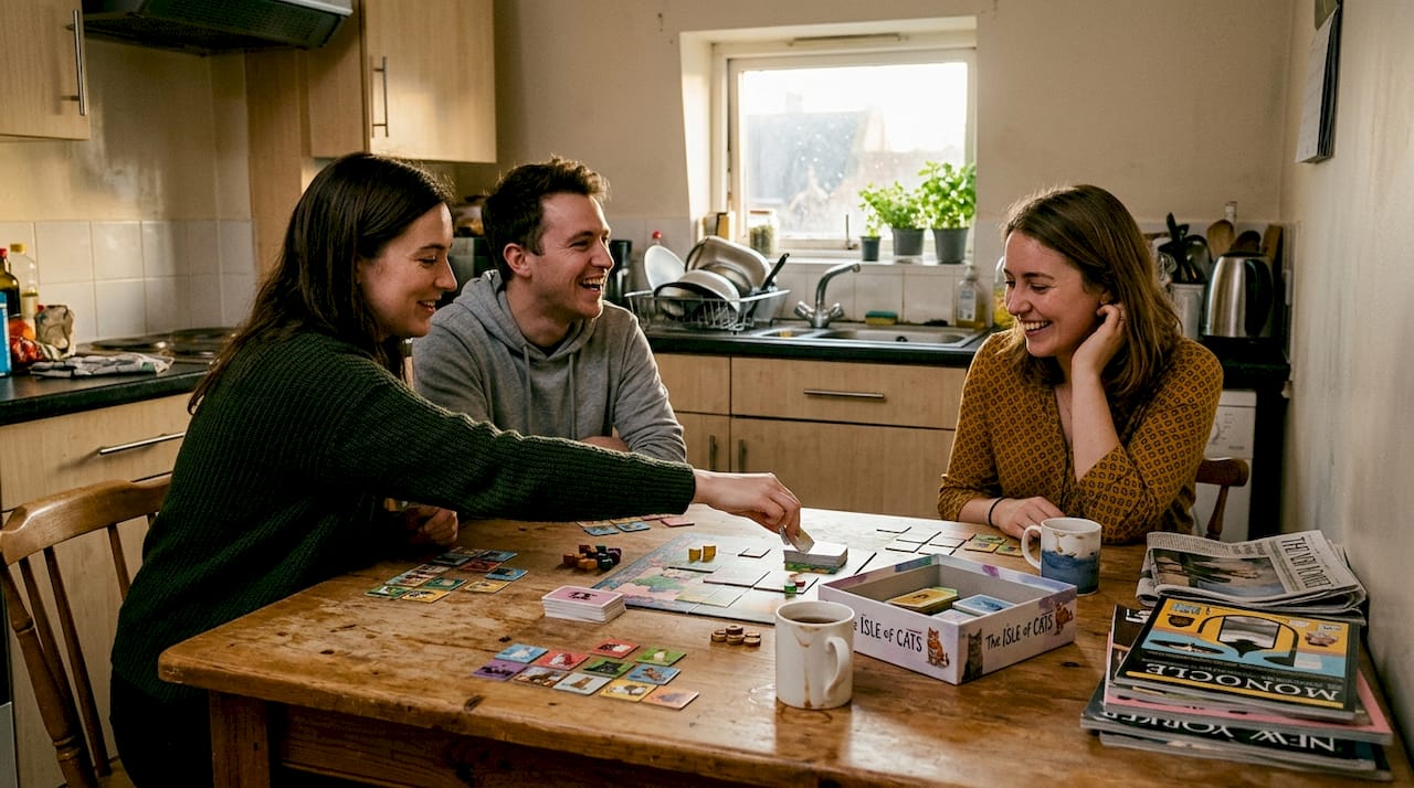 Friends laughing around board game table