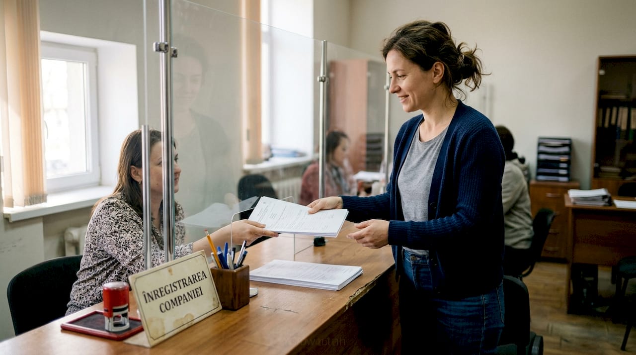 Woman submitting paperwork at registration office