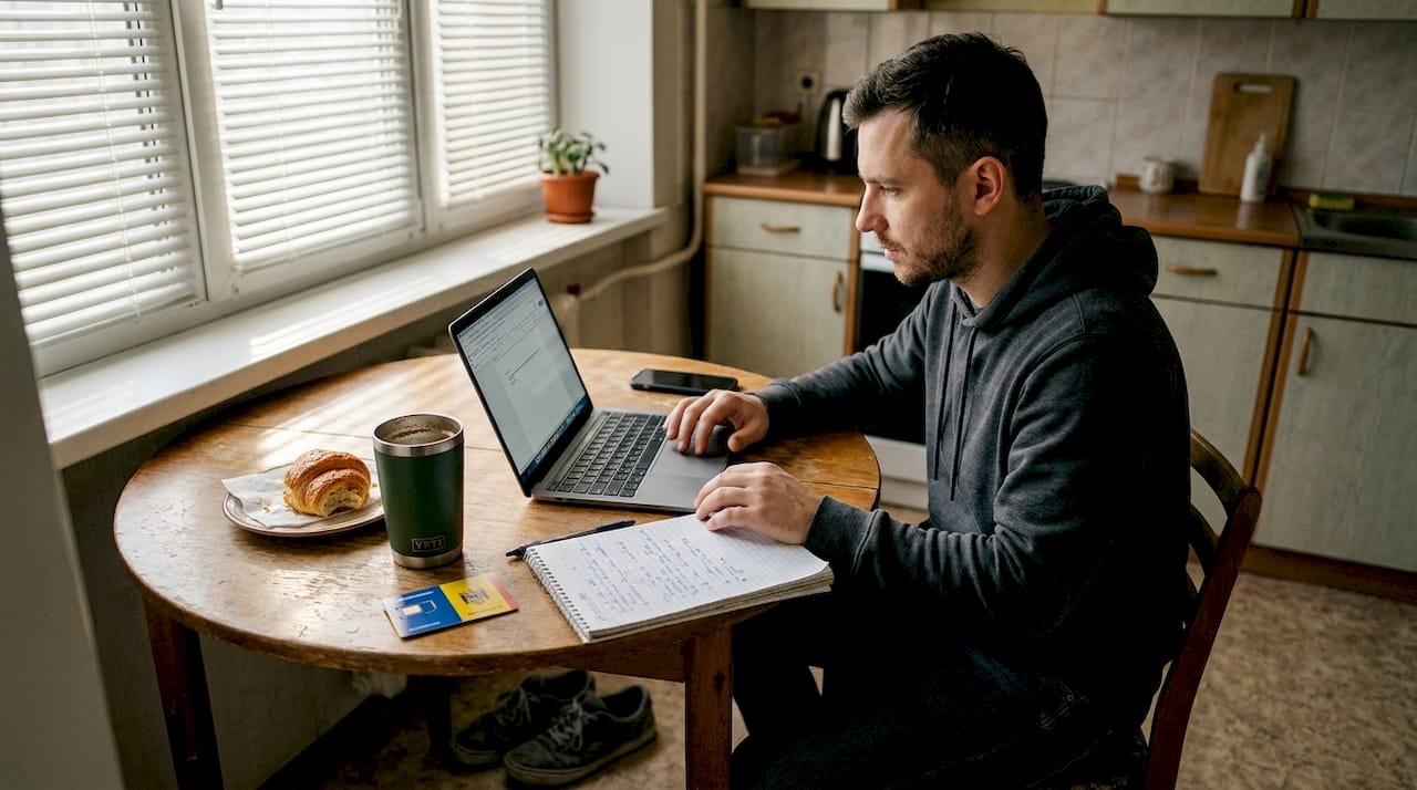 Tech founder works at Moldova apartment table